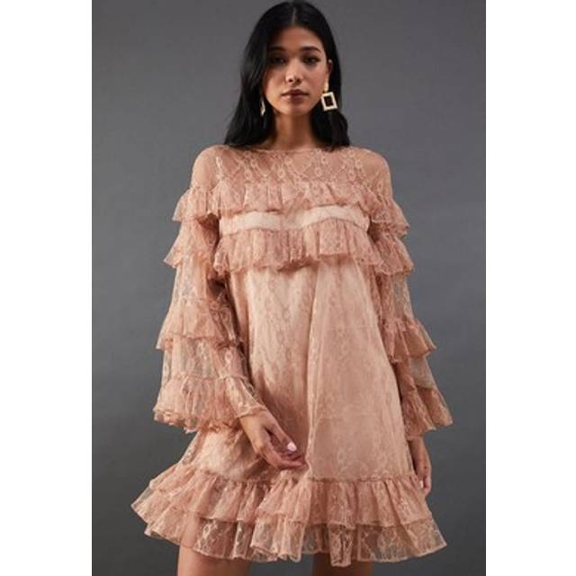 Warehouse womens mini dress taupe lace tiered ruffles long sleeve smock