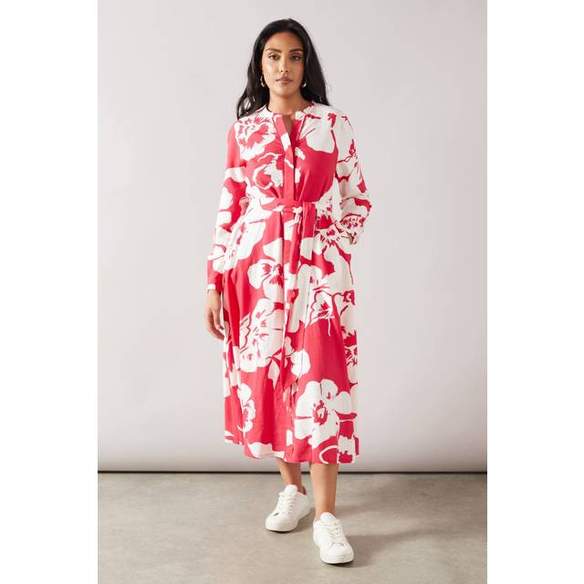 Womens Petite Floral Viscose Linen Midi Shirt Dress - Red - 14