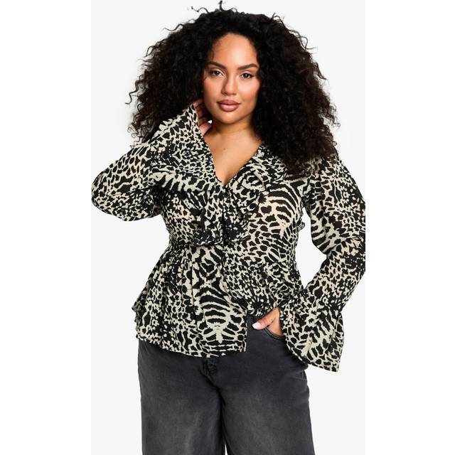 Womens plus animal print chiffon ruffle blouse - Stone - 28