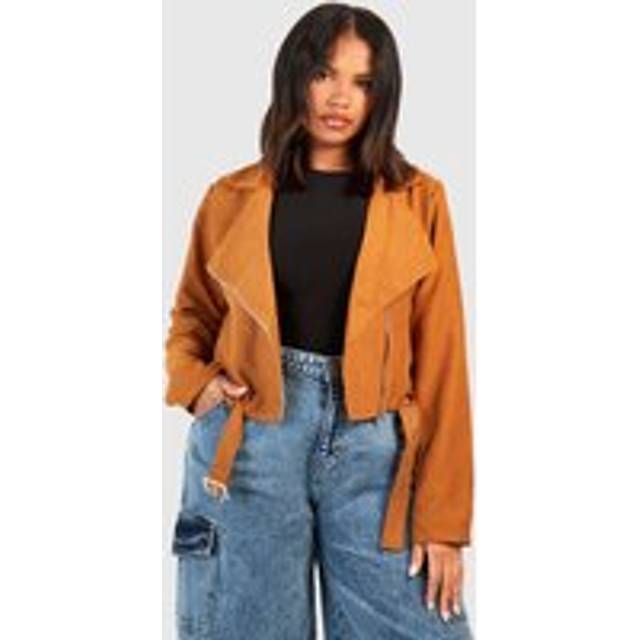 Womens Plus Belted Faux Suede Cropped Biker Jacket - Brown - 24, Brown
