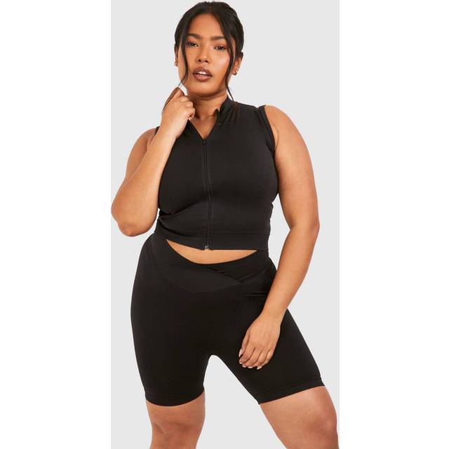 Womens Plus Seamless High Neck Zip Up Crop Top - Black - 16-18