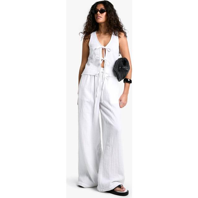 Womens Cheesecloth Elasticated Waist Wide Leg Trousers - White - 10, White