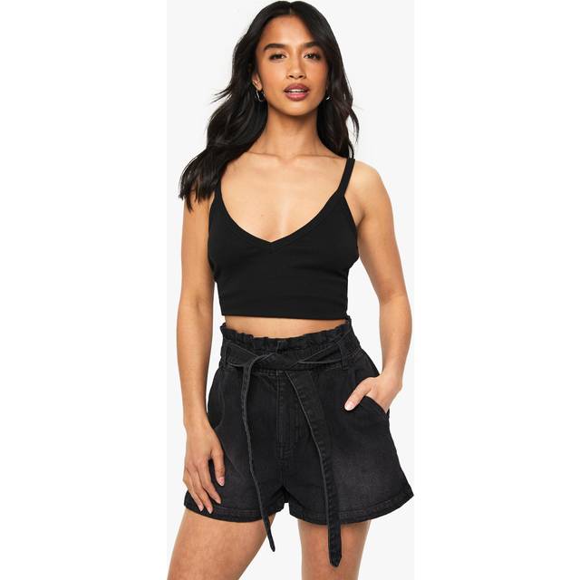 Womens Petite Paper bag Waist Denim Short - Black - 6