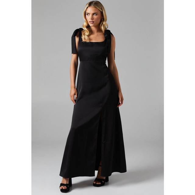Oasis Womens Petite Satin Tie Shoulder Midi Bridesmaids Dress - Black - Size 10 UK