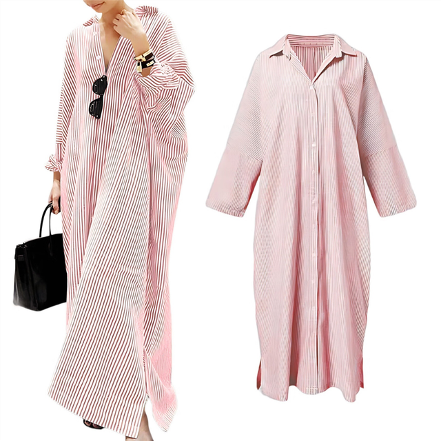 Women'S Casual Long Sleeve Button Down Loose Striped Maxi Shirt Dress Pink XL