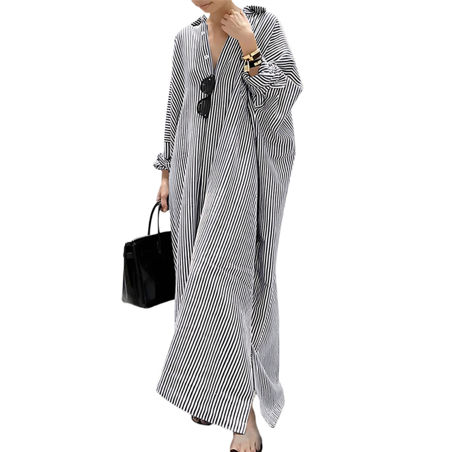 Women'S Casual Long Sleeve Button Down Loose Striped Maxi Shirt Dress Black 5XL