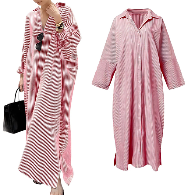 Women'S Casual Long Sleeve Button Down Loose Striped Maxi Shirt Dress Red 5XL