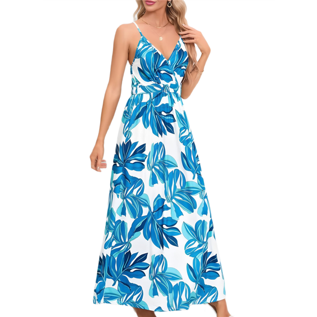 Women'S 2025 Summer Maxi Dress Floral Tie Front Spaghetti Strap Casual Boho Beach Flowy Sundress XXL