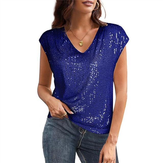 V Neck Sequin Short Sleeve Tops for Women Elastic Sparkly Tank Top Blue XL