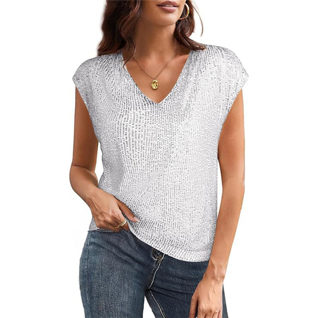 V Neck Sequin Short Sleeve Tops for Women Elastic Sparkly Tank Top White XL