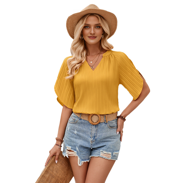 Womens Blouses Chiffon Hollow Out Short Sleeve V Neck Business Casual Tops Summer Cute Shirt Yellow XL
