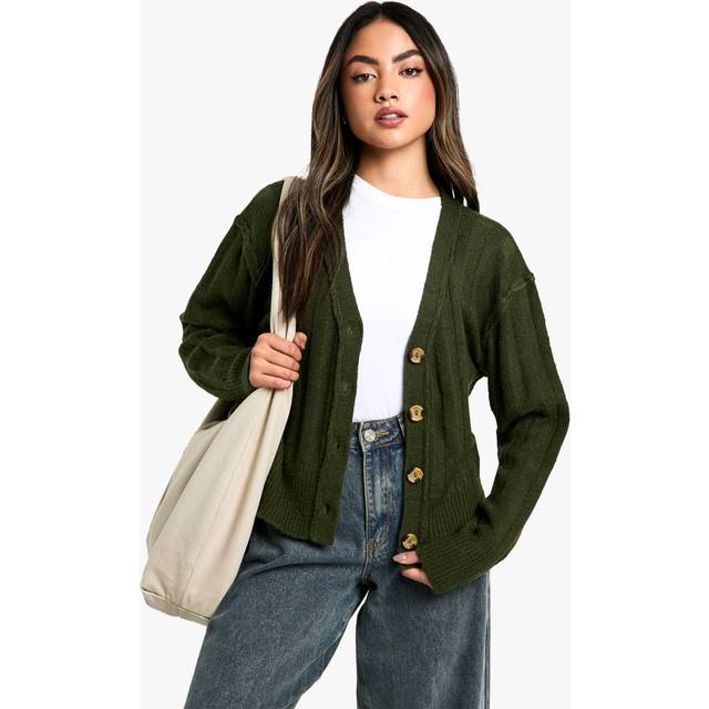 Womens Seam Detail Soft Rib Knit Boyfriend Cardigan - Green - S, Green