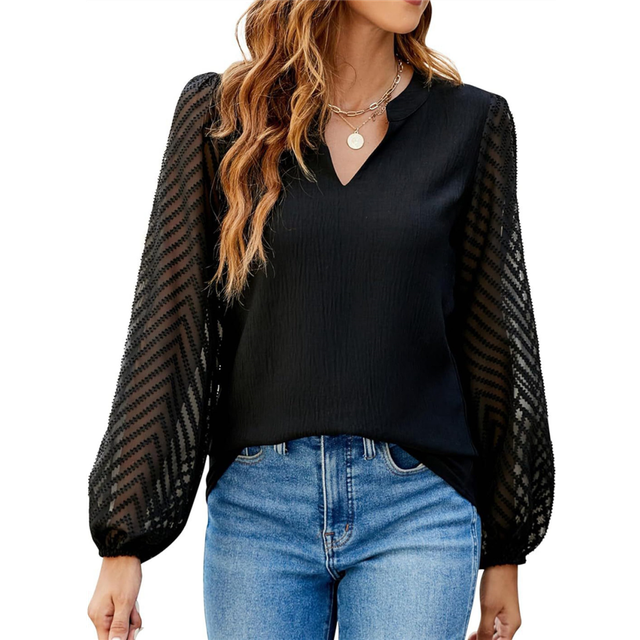 Womens Tops Dressy Casual Sheer Long Sleeve V Neck Shirts Loose Flowy Chiffon Business Work Blouses Black XL