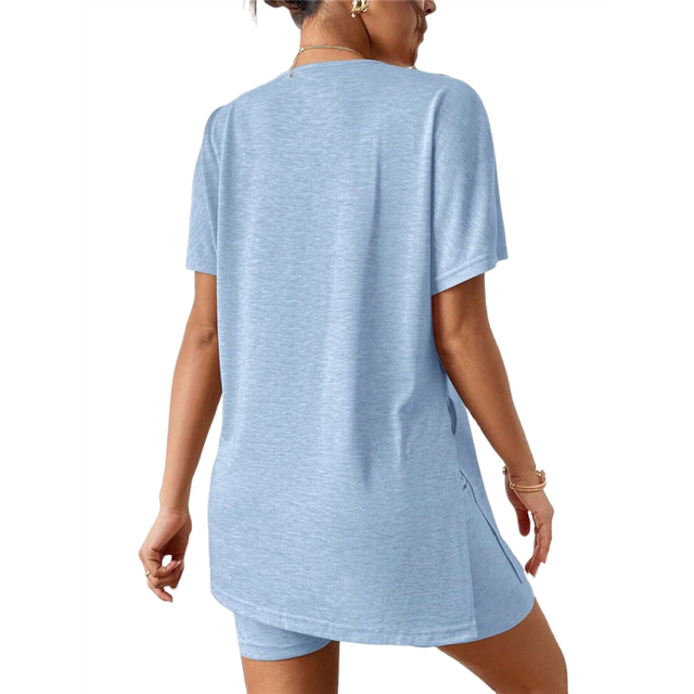 Women'S 2 Pieces Short Sleeve Lounge Sets Oversized T-Shirts and Biker Shorts Light Blue XL