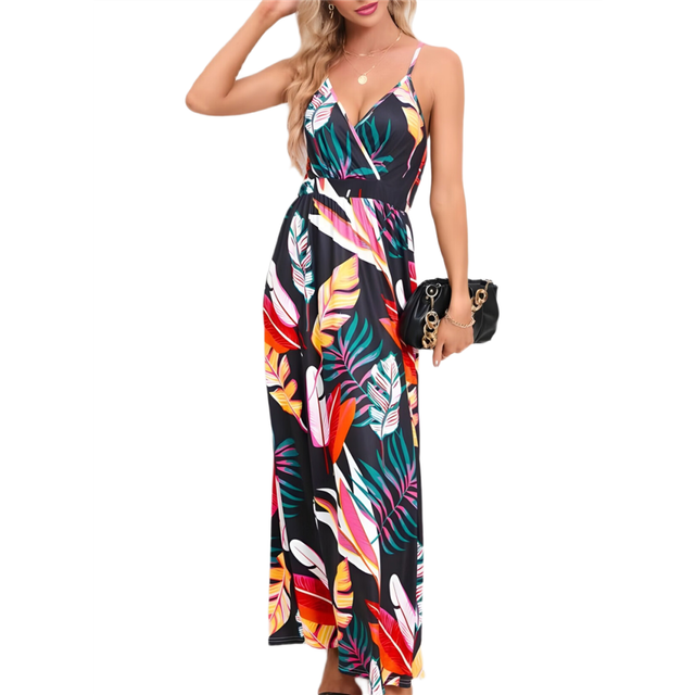 Women'S 2025 Summer Maxi Dress Floral Tie Front Spaghetti Strap Casual Boho Beach Flowy Sundress Black L