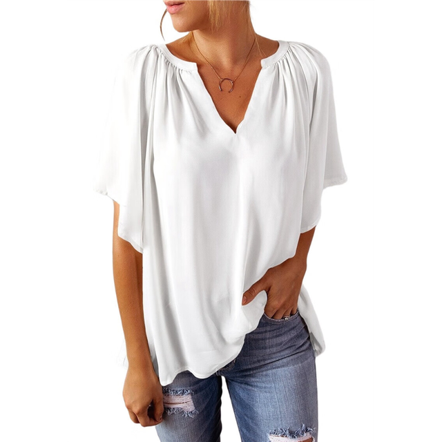 Womens Tops Dressy Casual 2025 Spring Summer V Neck Short Sleeve Shirts Business Chiffon Blouses White XXL