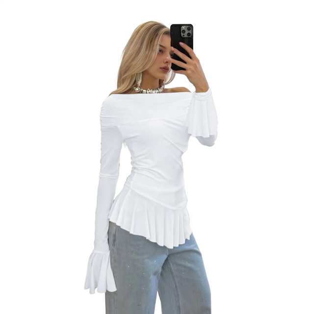 Women'S Spring Puff Long Sleeve Boat Neck Off Shoulder Top Going Out Slim Fit Tops Y2K Tight Shirt White L