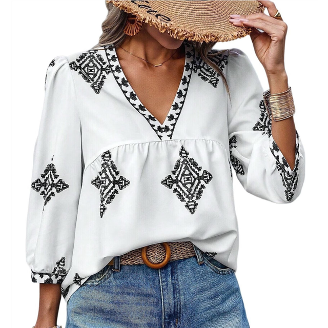 Women'S Casual V Neck Floral Print Chiffon Blouses 3/4 Sleeve Boho Summer Tops Shirts Black XXL