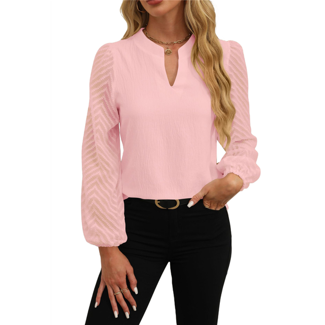 Womens Tops Dressy Casual Sheer Long Sleeve V Neck Shirts Loose Flowy Chiffon Business Work Blouses Pink M
