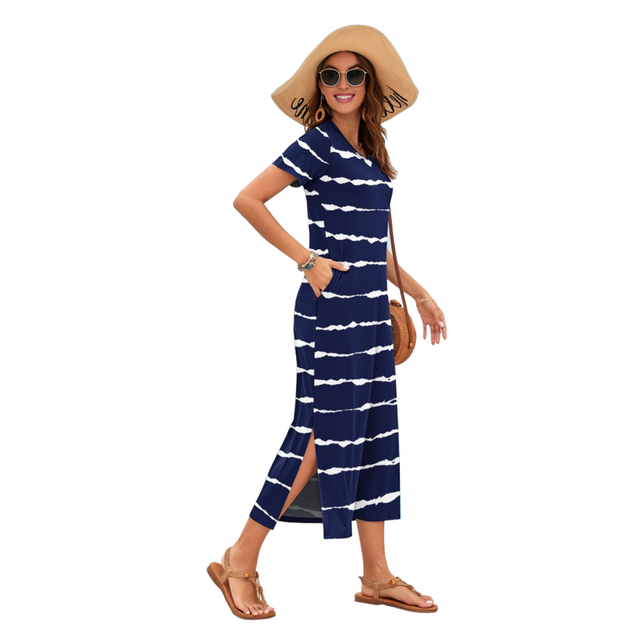 Women Summer Casual Loose Short Sleeve Long T Shirt Dress Split Maxi Beach Sundress Travel Vacation Outfits Blue and White S