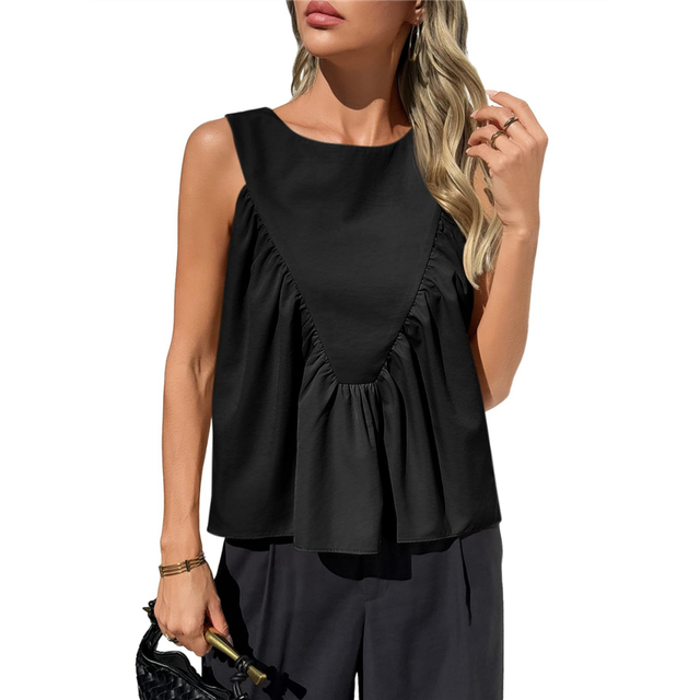 Womens Peplum Babydoll Tank Tops Summer Sleeveless Loose T Shirts Casual Shirred Flowy Black L