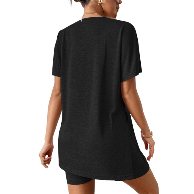 Women'S 2 Pieces Short Sleeve Lounge Sets Oversized T-Shirts and Biker Shorts Black XXL