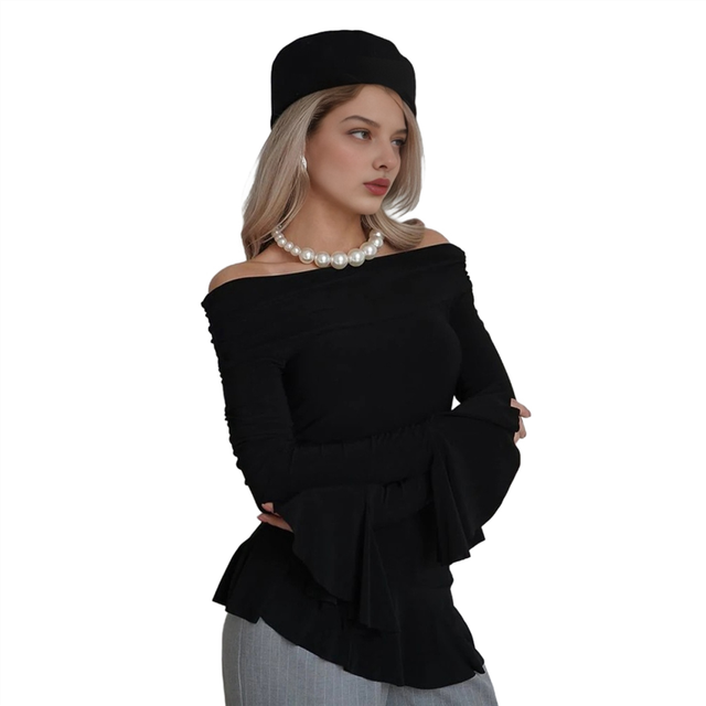 Women'S Spring Puff Long Sleeve Boat Neck Off Shoulder Top Going Out Slim Fit Tops Y2K Tight Shirt Black S