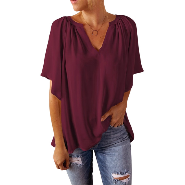 Womens Tops Dressy Casual 2025 Spring Summer V Neck Short Sleeve Shirts Business Chiffon Blouses Red M