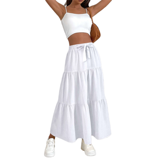 Women High Waisted Flowy Tiered Linen Skirt Casual Pleated A-Line Beach Long Skirts with Tie White XL