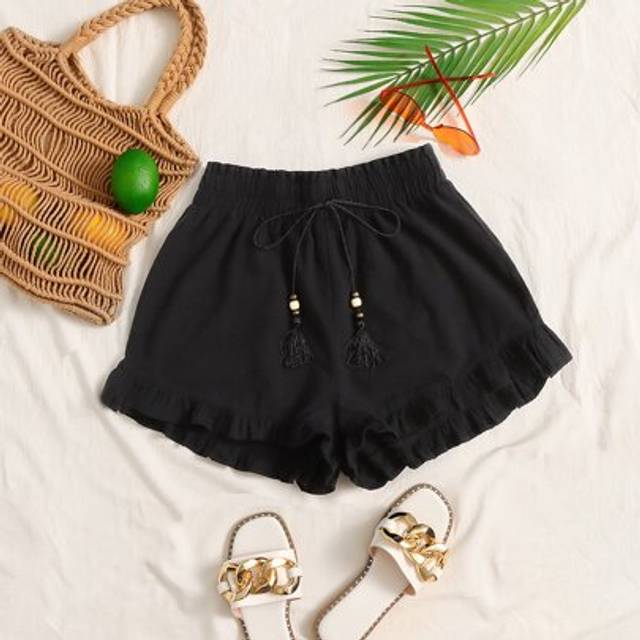 SHEIN Tassel Tie Paperbag Waist Ruffle Hem Shorts