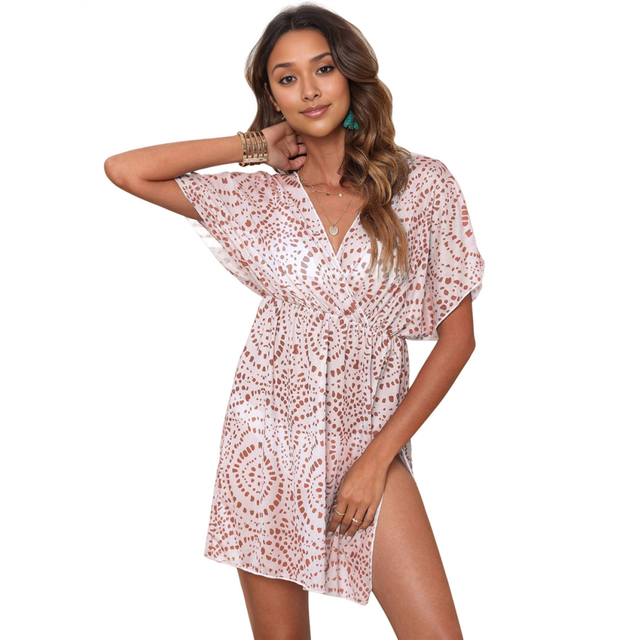 Women Mesh Swimsuit Coverup Sheer See Through Elastic Wasit Beach Cover Dress Brown S