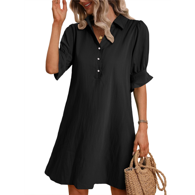 Womens Casual Shirt Dress Ruffle Sleeve Button Down Shift Summer Dresses with Pockets Black L