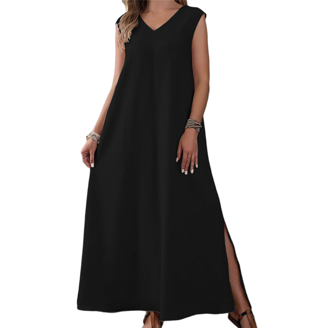 Women'S Tank Maxi Dress A-Line V-Neck Sleeveless Solid Color Loose Casual Long Beach Dresses Coverups Black [Spot] XXL