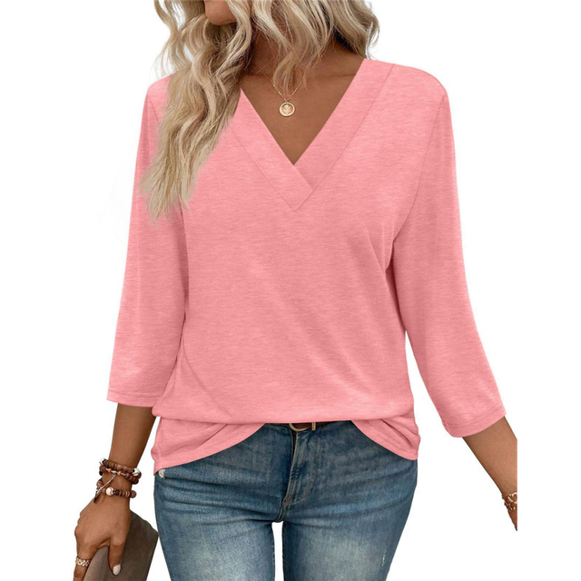 3/4 Length Sleeve Womens Tops V Neck Casual Tunic Basic Shirts Loose Fit Blouse Pink XL