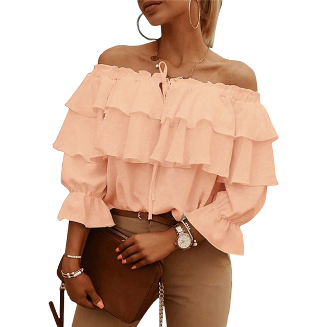 Women'S Off Shoulder Ruffle Trendy Summer Fashion Long Sleeve Blouse Sexy- Dressy Casual Layered Tops Champagne M