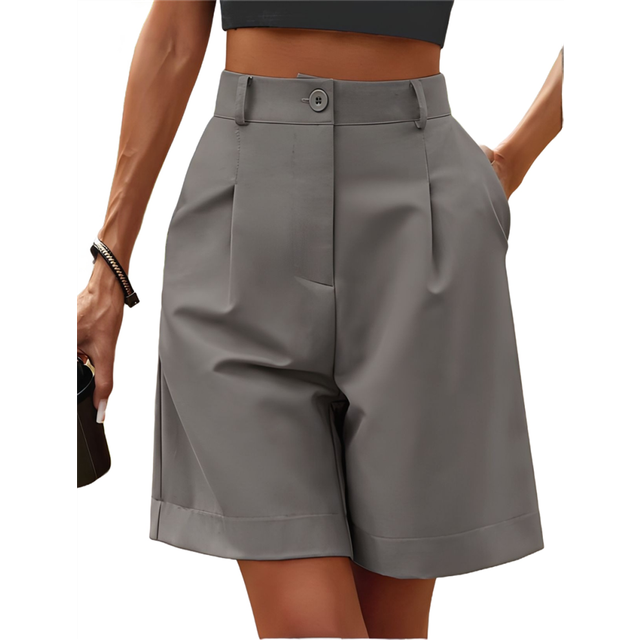 Elastic Waist Wide Leg Knee Length Summer Shorts for Women with Pockets Dark Gray S