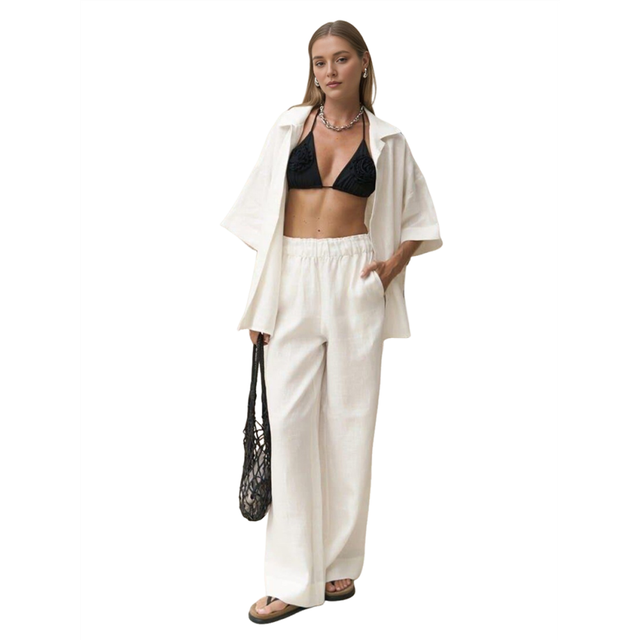 Women'S 2 Piece Outfits Solid Color Long Sleeve Linen Pants Suit Shirt Wide Leg Tracksuit Casual Straight White L