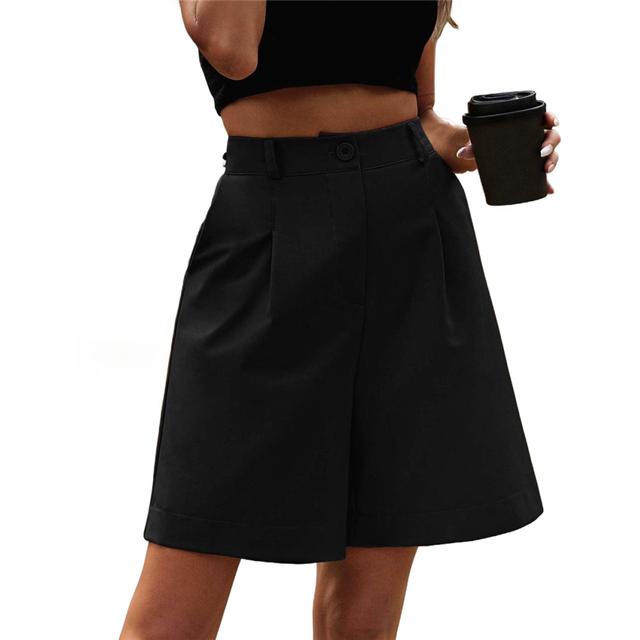 Elastic Waist Wide Leg Knee Length Summer Shorts for Women with Pockets