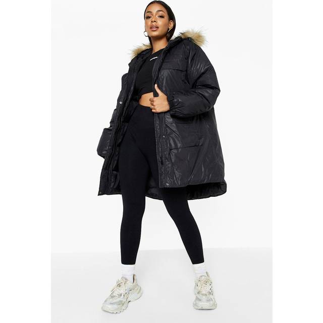 Womens Faux Fur Hooded Parka Coat - Black - 10, Black