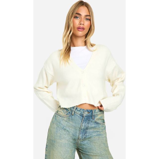 Womens Soft Knit Fine Gauge Crop Cardigan - Cream - M