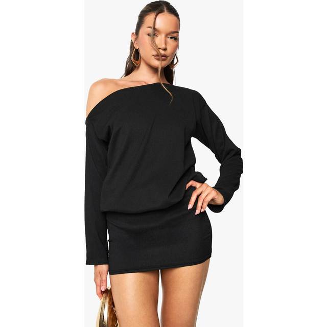 Womens Off the Shoulder Long Sleeve Bodycon Mini Dress - Black - 16