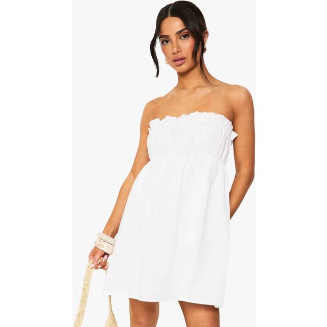 Womens Petite Linen Shirred Bandeau Mini Dress - White - 8