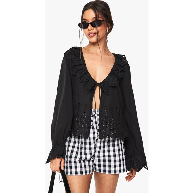 Womens Ruffle Broderie Tie Detail Blouse - Black - 8, Black