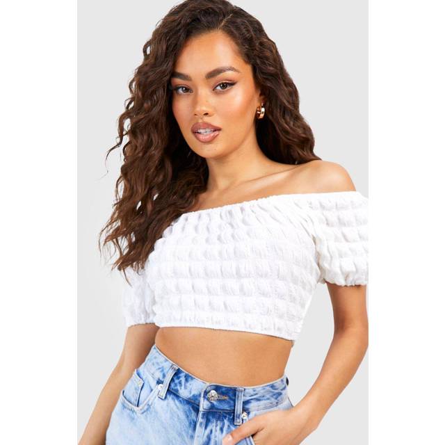 Womens Popcorn Textured Puff Sleeve Off The Shoulder Cropped Top - White - 6, White