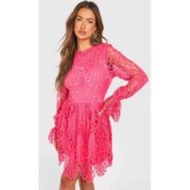 Womens High Neck Flared Sleeve Lace Skater Dress - Pink - 10, Pink