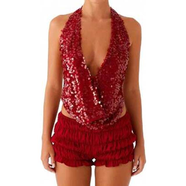 SHEIN Women Tank Tops Sparkly Sequins Backless Halter Neck Vests Summer Sleeveless Tops Streetwear