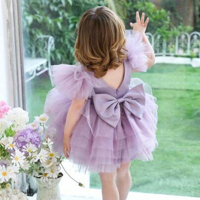 SHEIN Baby Girl Bowknot Flare Sleeve Light Purple Elegant Princess Dress, Suitable For Baby Girl&#39;s Birthday, Wedding, Party, Holiday Celebration, Formal Occ