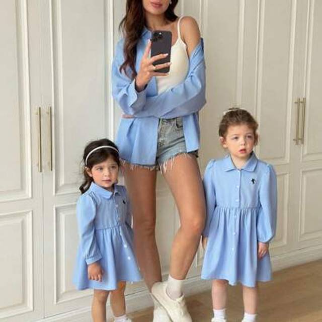 SHEIN Babygirl Cute Preppy Style Blue Long Sleeve Collar Dress, Mommy And Me Matching Outfits (2 Pieces Sold Separately)