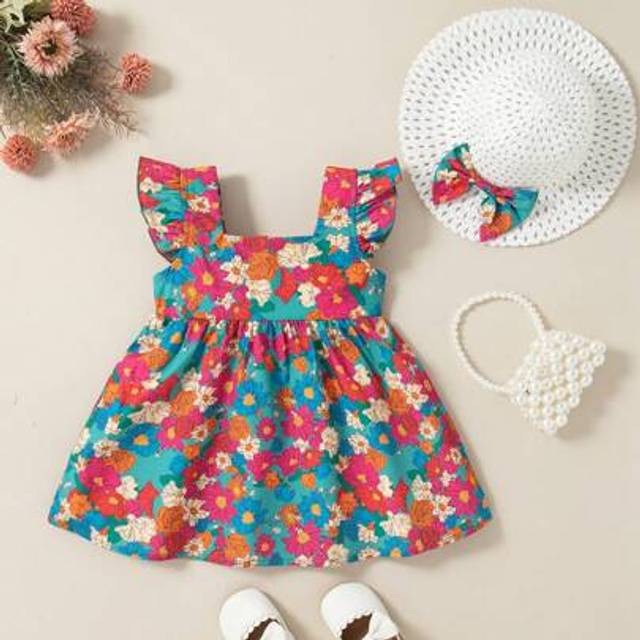 SHEIN 2pcs Baby Girl Summer New Floral Cap Sleeve Dress With Stand Collar, Hidden Back Zipper & Hat