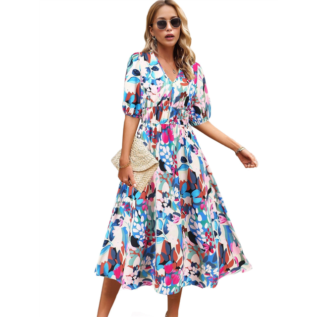Women'S V Neck Floral Dress Summer 2025 Trendy Pleated Boho Flowy Puff Sleeve Maxi Blue Pink XXL